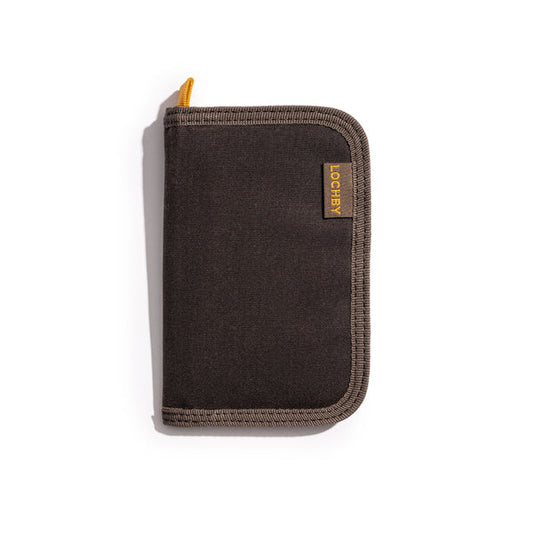 Brown zippered pouch with a visible brand label on a white background
