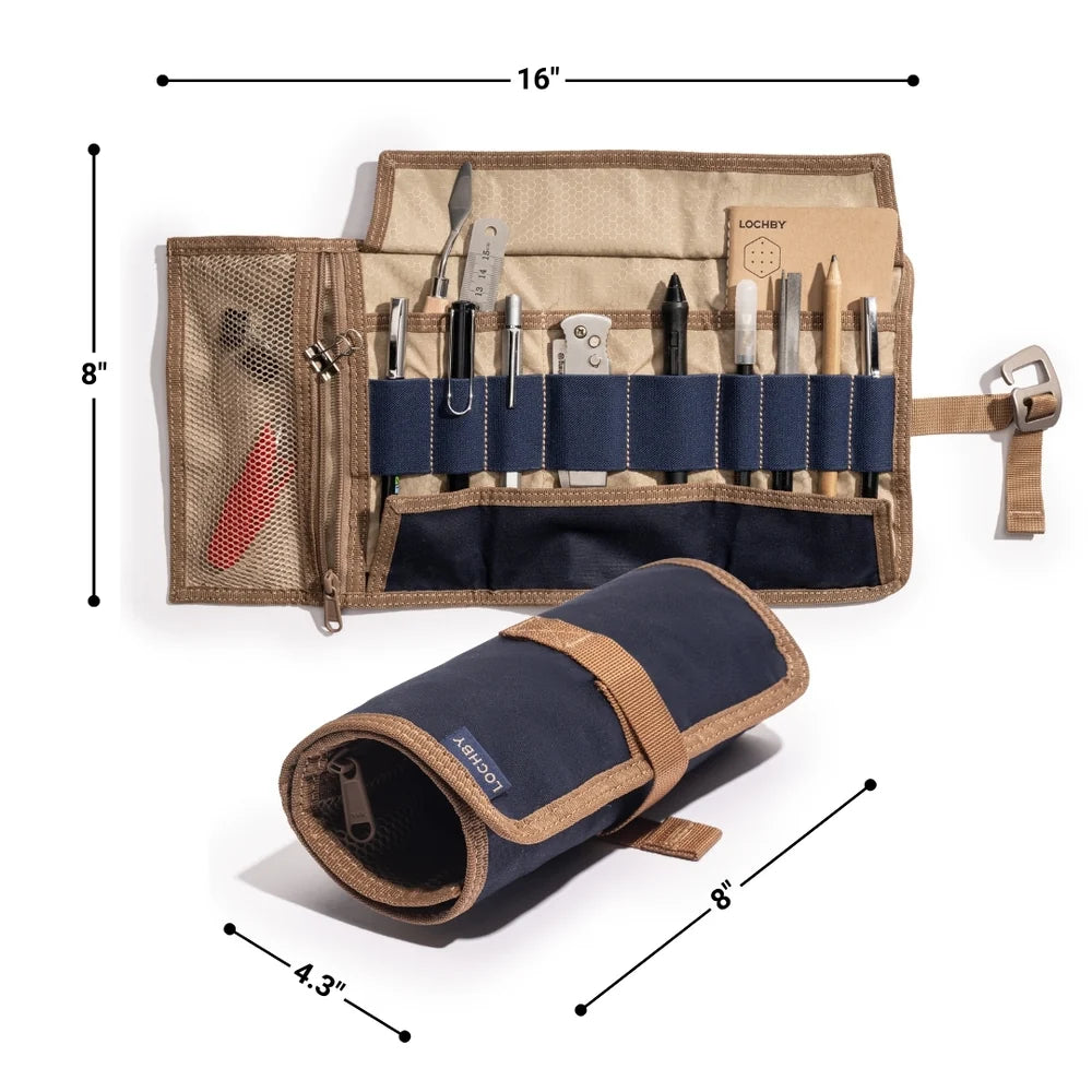 Tool roll with tools and measurements on a white background
