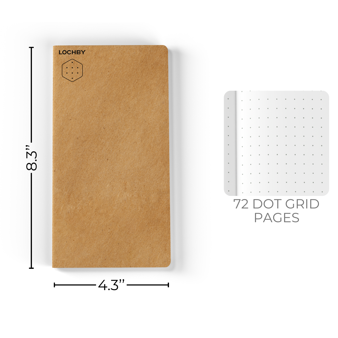 Brown notebook with dimensions and dot grid page count on a white background