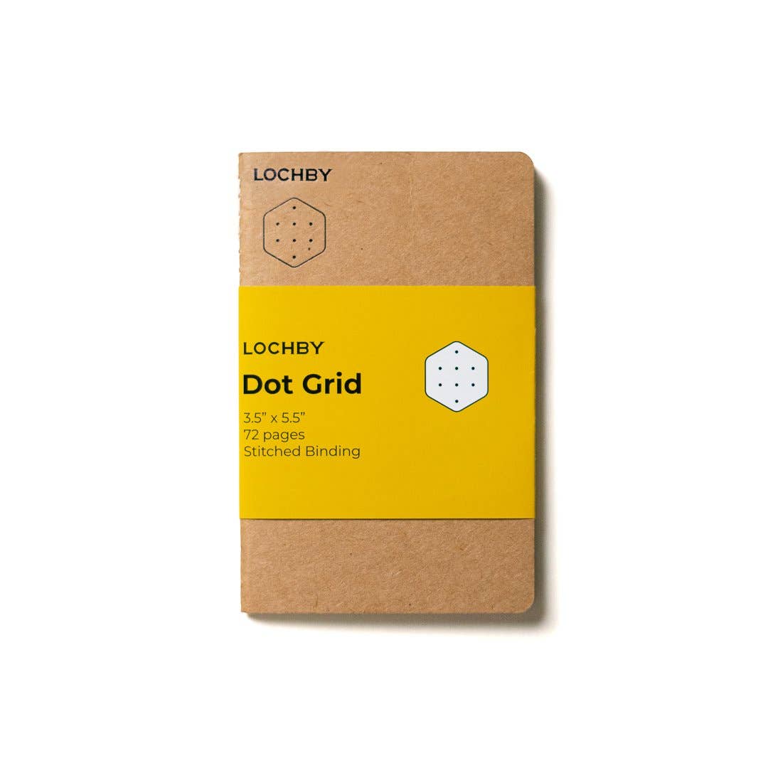 Notebook with brown cover and yellow label displaying 'LOCHBY Dot Grid' on a white background