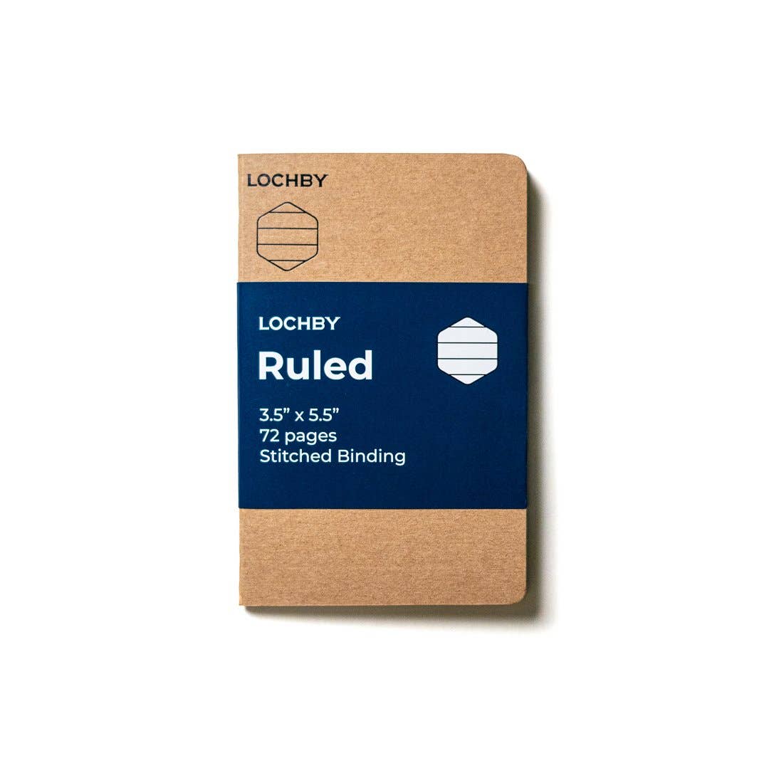 Lochby notebook with brown cover and blue label on a white background
