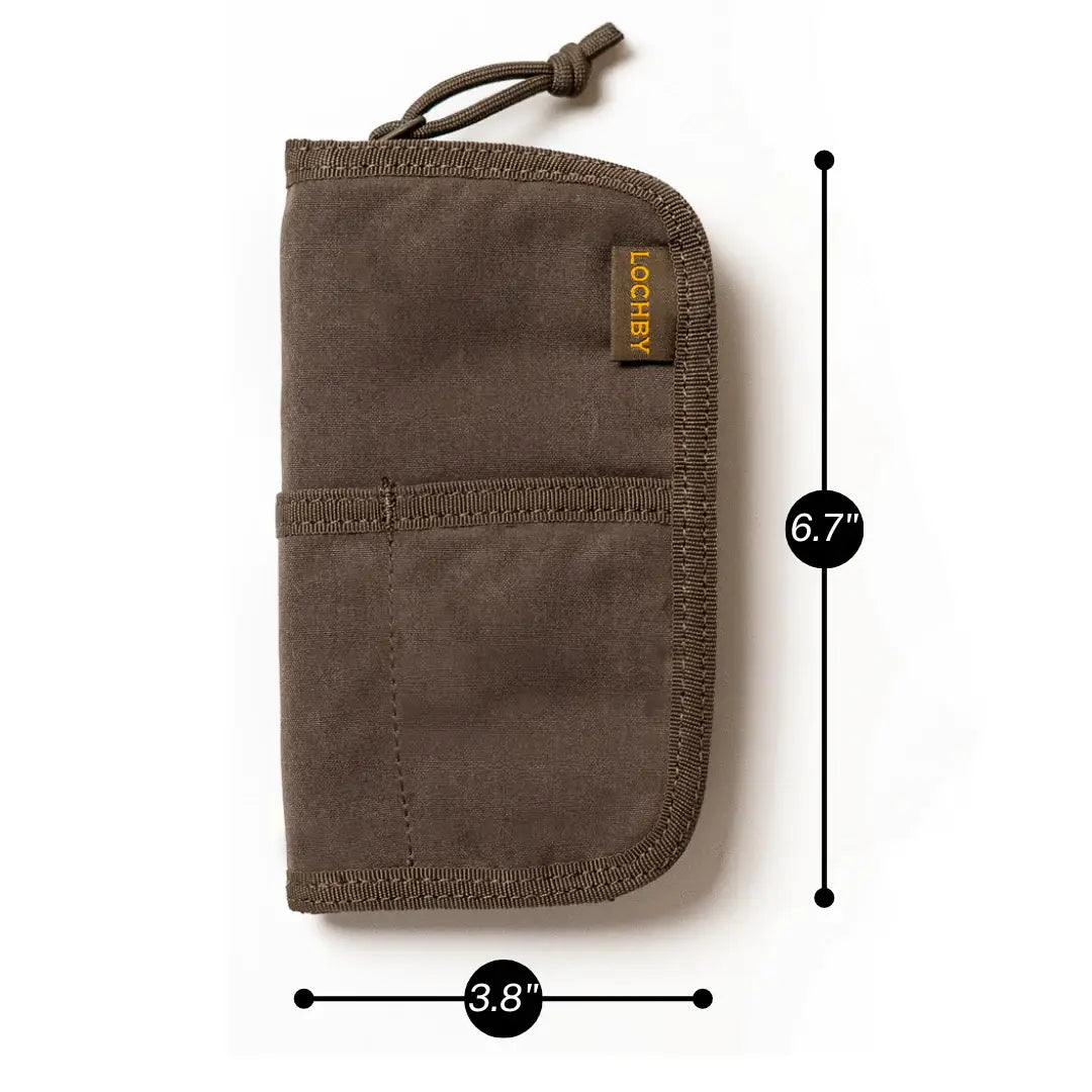 Lochby Quattro Pen Holder in Brown zippered pouch with measurement details on a white background