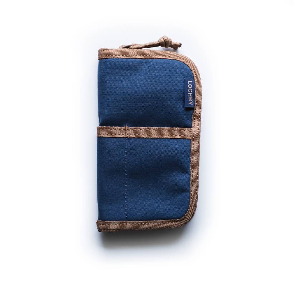 Lochby Quattro Pen Holder in Navy travel with brown accents on a white background
