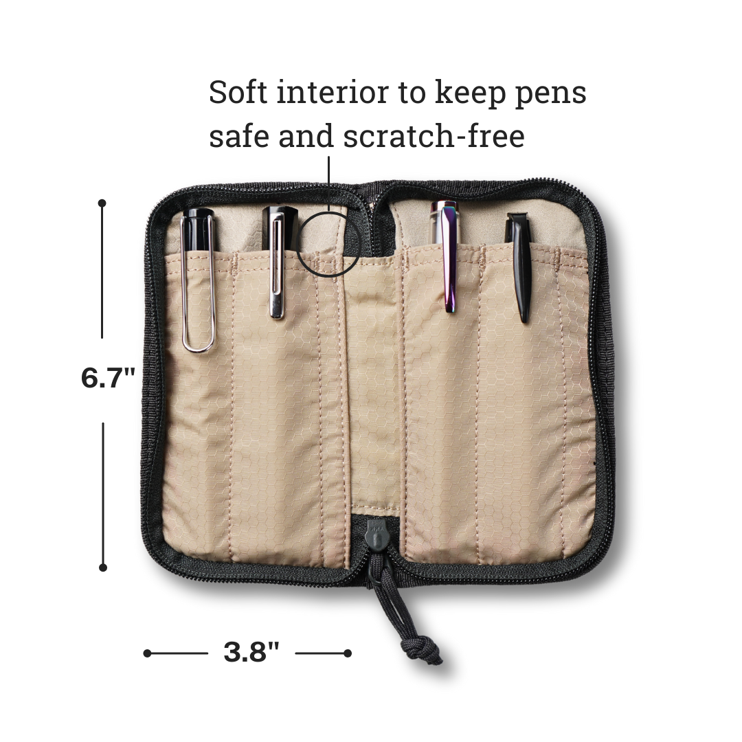 Lochby Quattro Pen Holder in with pens inside, showing soft interior for safety and dimensions on a white background
