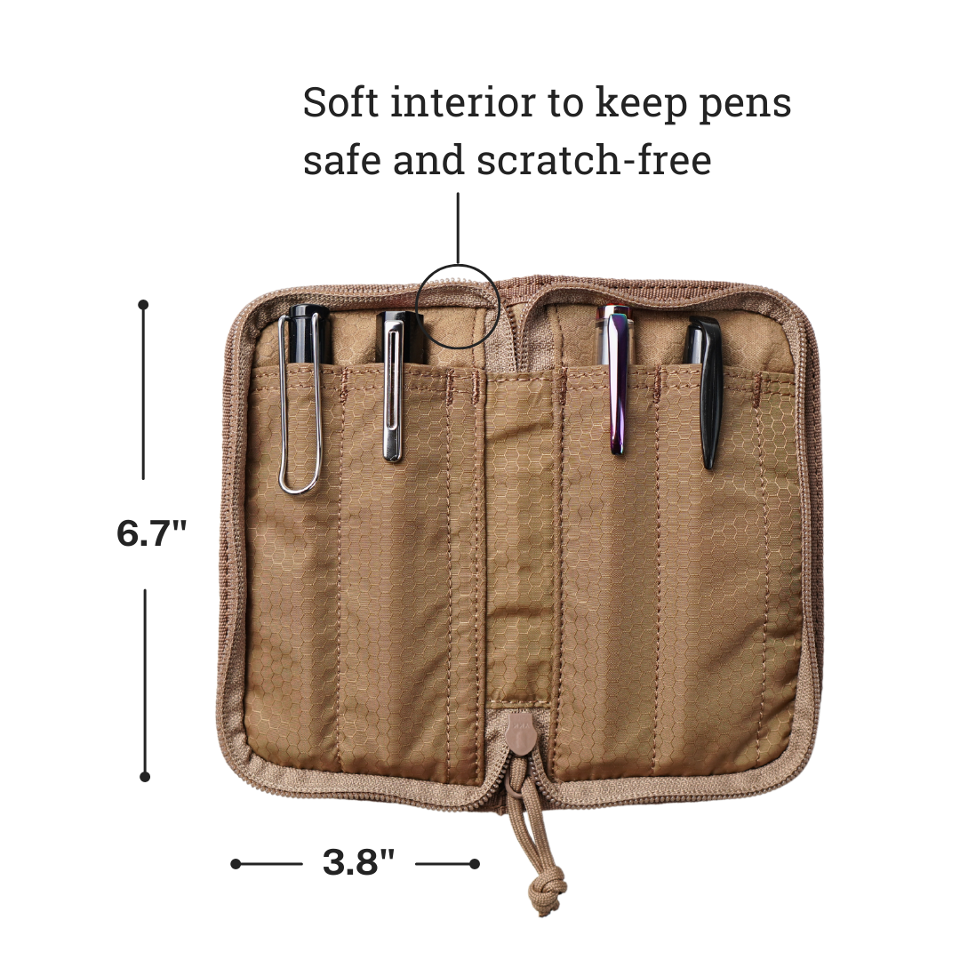 Lochby Quattro Pen Holder in Brown with pens inside, showing dimensions and text about soft interior.