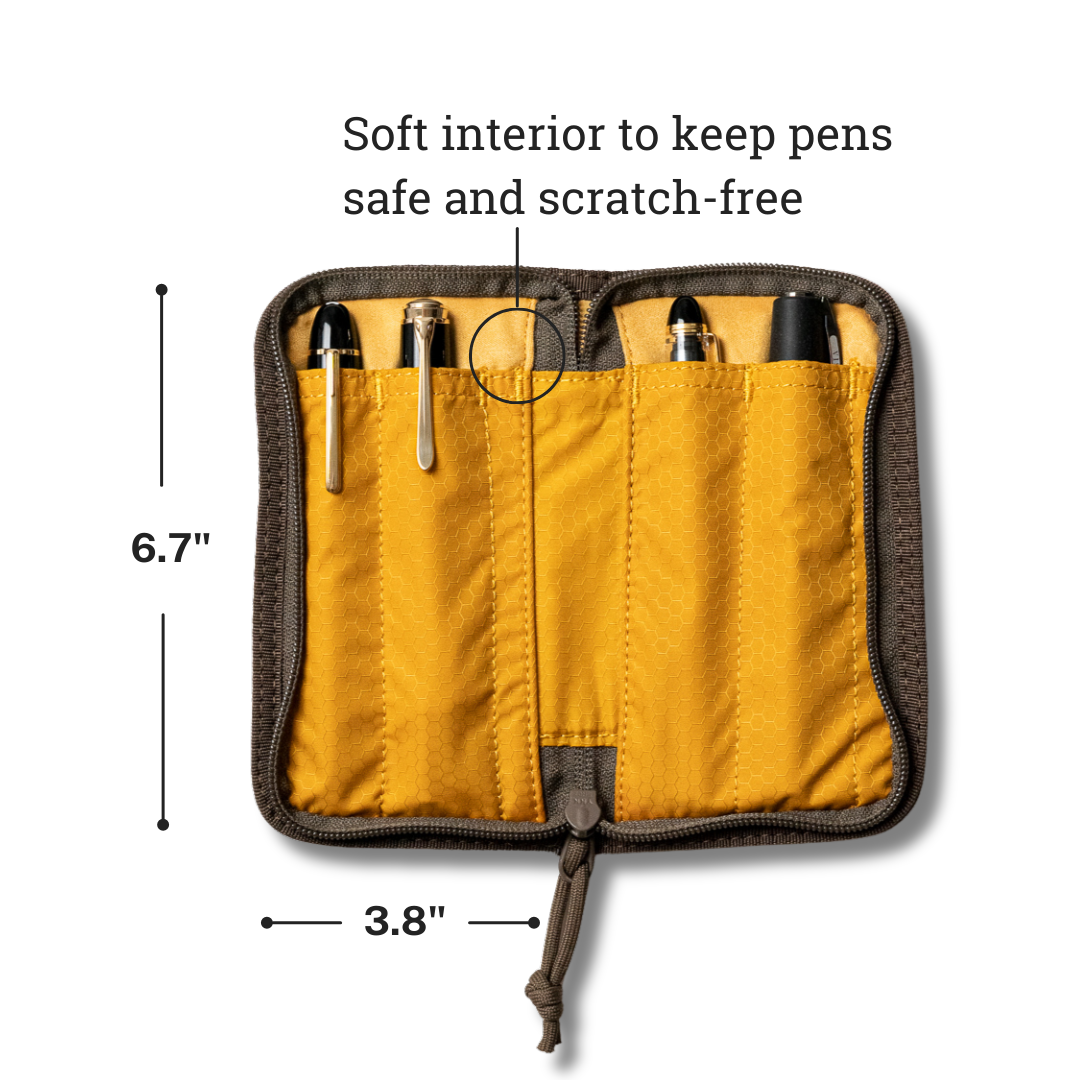 Lochby Quattro Pen Holder in Yellow pen holder with brown trim, showing dimensions.