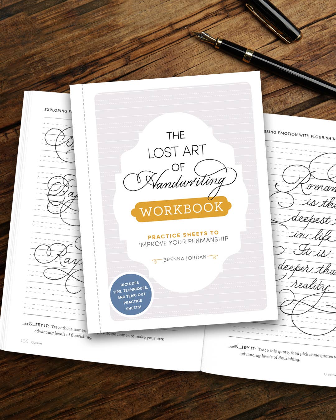 Lost Art of Handwriting Workbook on a wooden surface with practice sheets and pens.