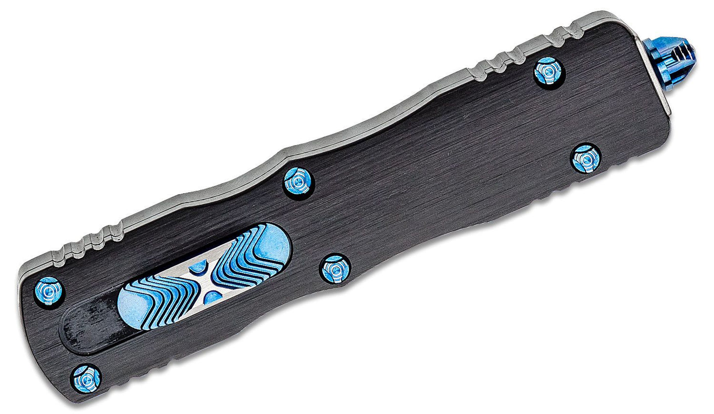 Microtech Dirac Marfione Custom Polished Vegas Feather Damascus Blue Ti Hardware Out the Front Knife