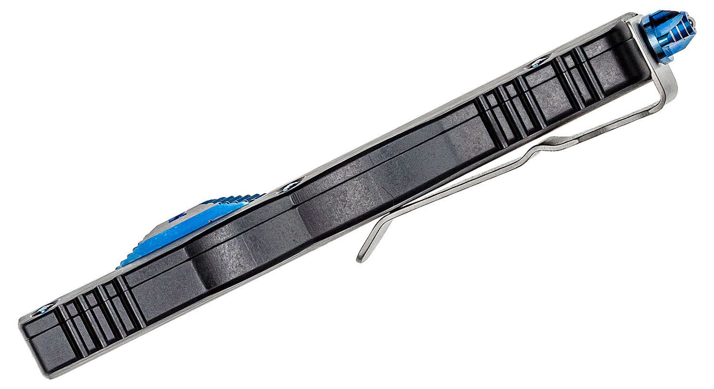 Microtech Dirac Marfione Custom Polished Vegas Feather Damascus Blue Ti Hardware Out the Front Knife