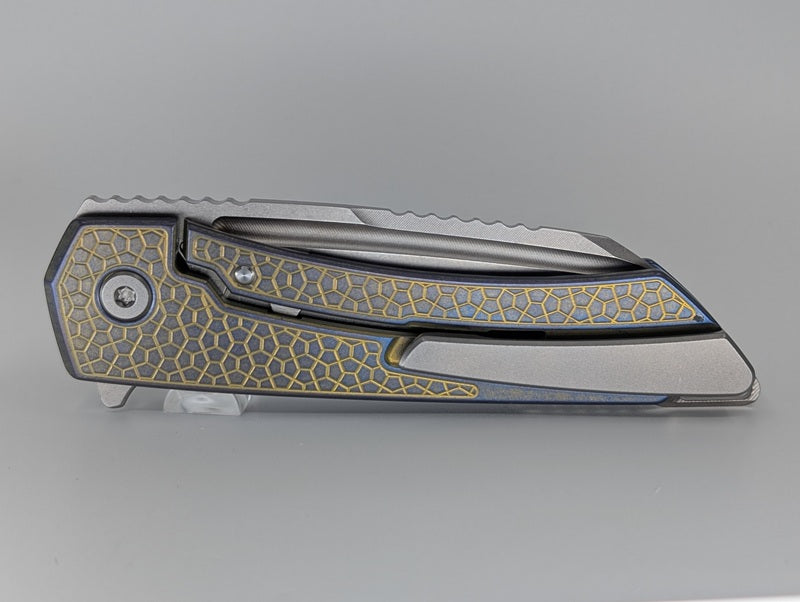MachineWise Mojave Blue / Gold (S90V | Lightwash | Turtle Handle) Framelock Folding Knife 278 *BLEM*