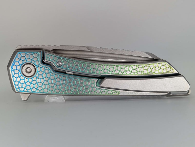 MachineWise Mojave Blue Green Fade Distress (CPM 20CV | Lightwash | Turtle Handle) Framelock Folding Knife #164