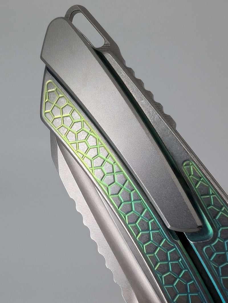 MachineWise Mojave Blue Green Fade Distress (CPM 20CV | Lightwash | Turtle Handle) Framelock Folding Knife #164