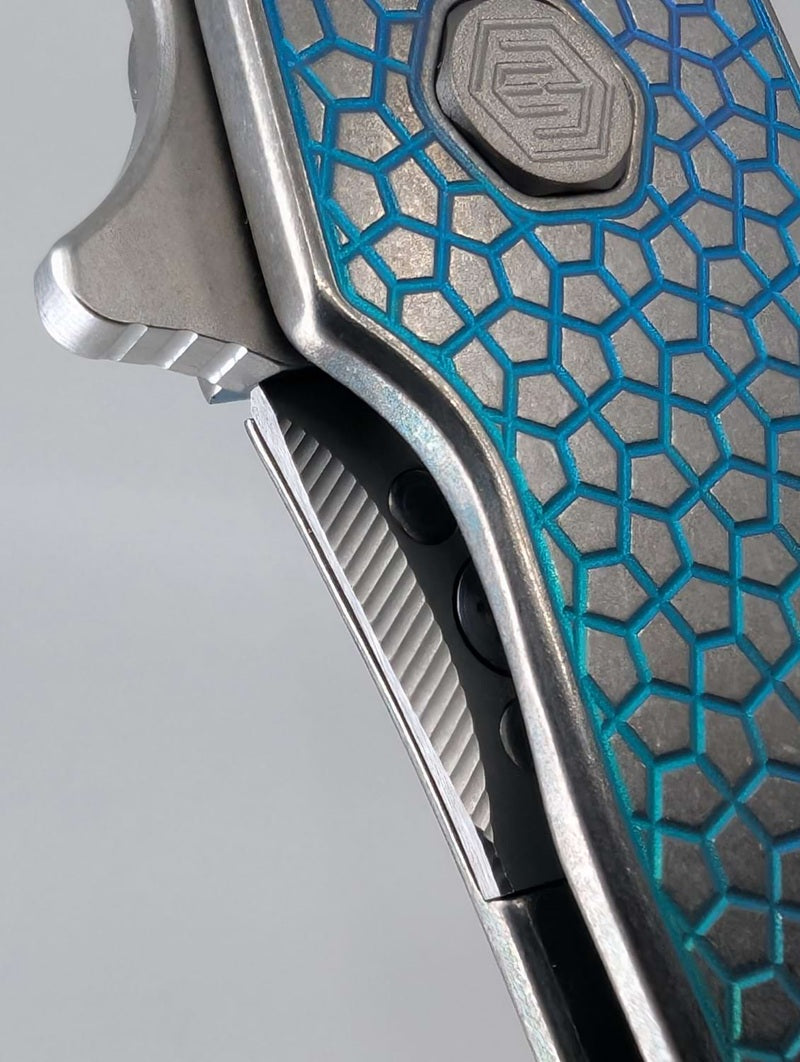 MachineWise Mojave Blue Green Fade Distress (CPM 20CV | Lightwash | Turtle Handle) Framelock Folding Knife #164