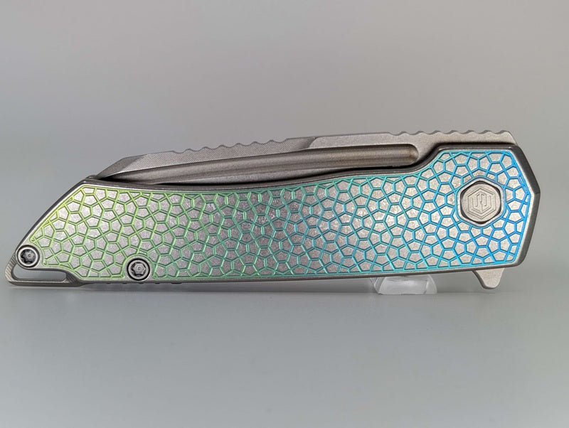MachineWise Mojave Blue Green Fade Distress (CPM 20CV | Lightwash | Turtle Handle) Framelock Folding Knife #164