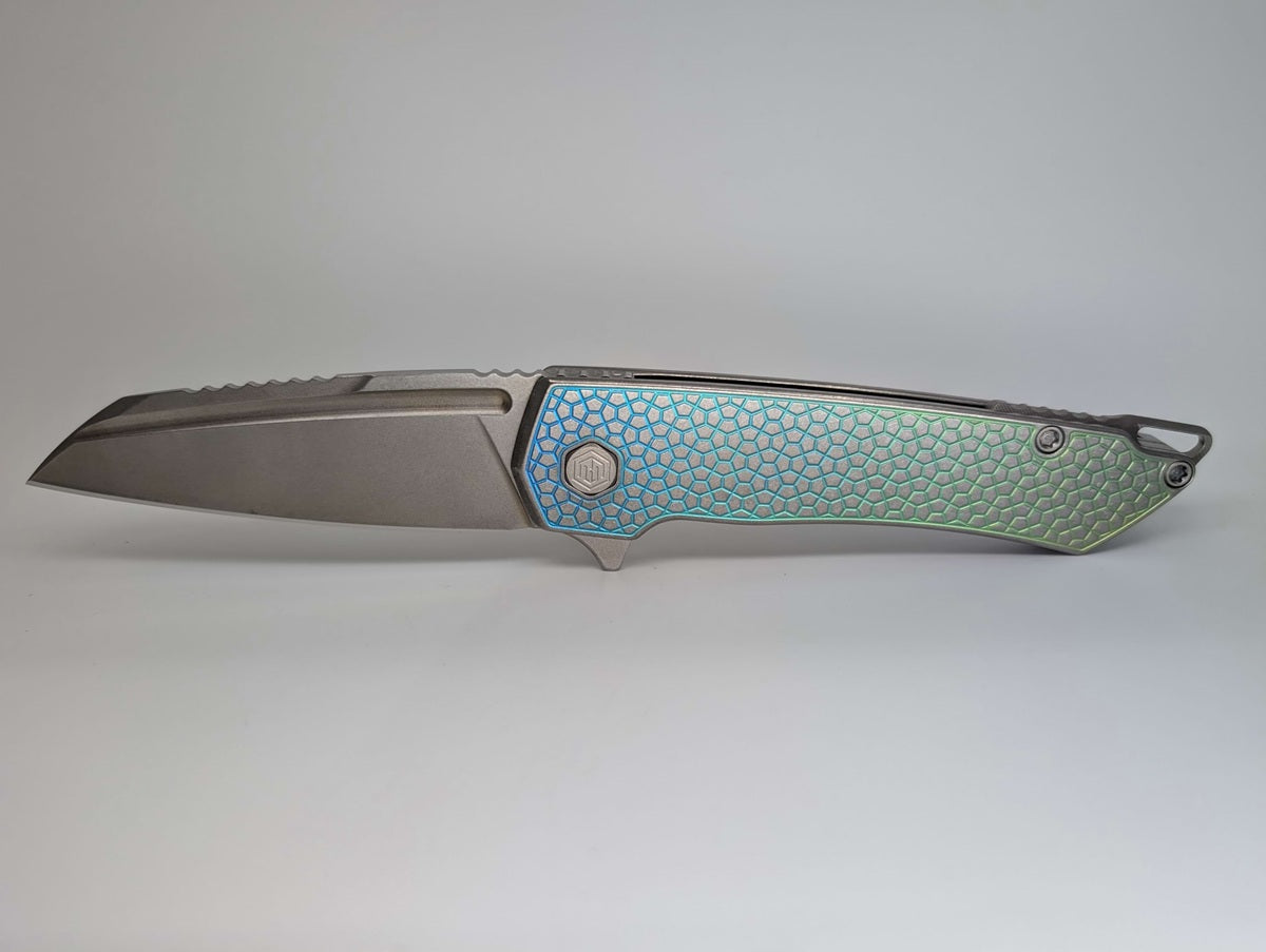 MachineWise Mojave Blue Green Fade Distress (CPM 20CV | Lightwash | Turtle Handle) Framelock Folding Knife #164