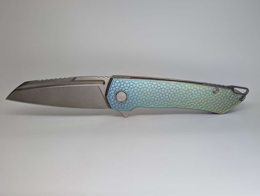 MachineWise Mojave Blue Green Fade Distress (CPM 20CV | Lightwash | Turtle Handle) Framelock Folding Knife #164