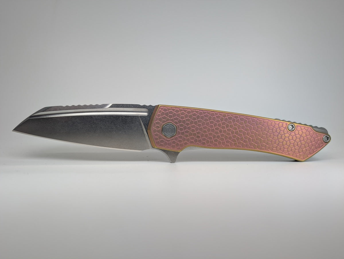MachineWise Mojave Pink w/ Gold Distress (S90V | Stonewash | Turtle Handle) Framelock Folding Knife #664 *BLEM*