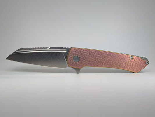 MachineWise Mojave Pink w/ Gold Distress (S90V | Stonewash | Turtle Handle) Framelock Folding Knife #664 *BLEM*