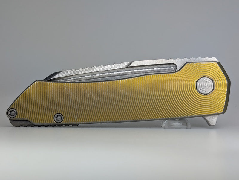 Mojave Ti Brass Ano w/ Distress (CPM S90V | Stonewash | Epicenter Handle) Framelock Folding Knife #849