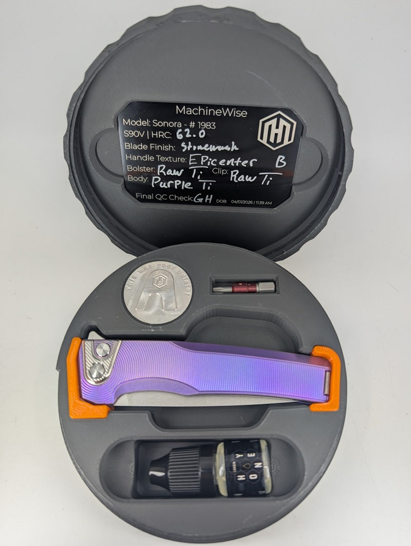 MachineWise Sonora Purple Epicenter Titanium (S90V | Titanium Bolster) Button Lock Folding Knife #1983 *BLEM*