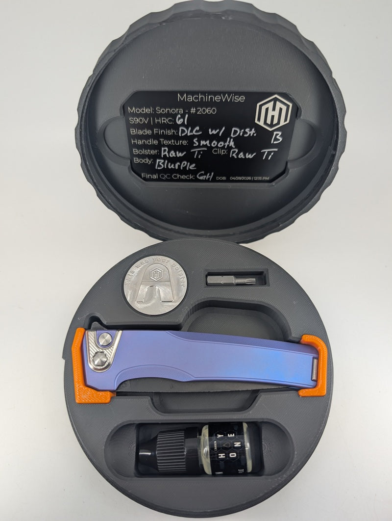 MachineWise Sonora Smooth Blurple DLC w/ Distress Titanium (S90V | Titanium Bolster) Button Lock Folding Knife #2060 *BLEM*