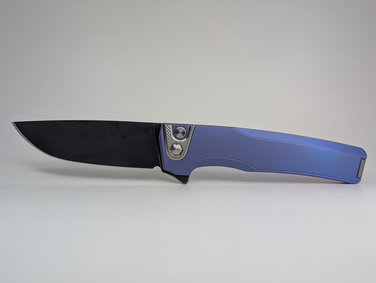 MachineWise Sonora Smooth Blurple DLC w/ Distress Titanium (S90V | Titanium Bolster) Button Lock Folding Knife #2060 *BLEM*