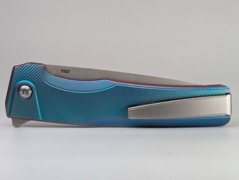 MachineWise Sonora Aqua to Purple Distressed CPM 20CV | Raw Ti Bolster | Diamonds Handle Buttonlock Folding Knife 1107 *BLEM*