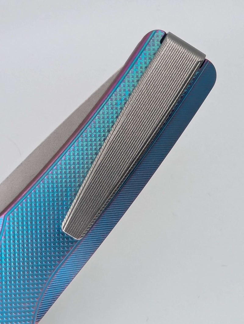 MachineWise Sonora Aqua to Purple Distressed CPM 20CV | Raw Ti Bolster | Diamonds Handle Buttonlock Folding Knife 1107 *BLEM*