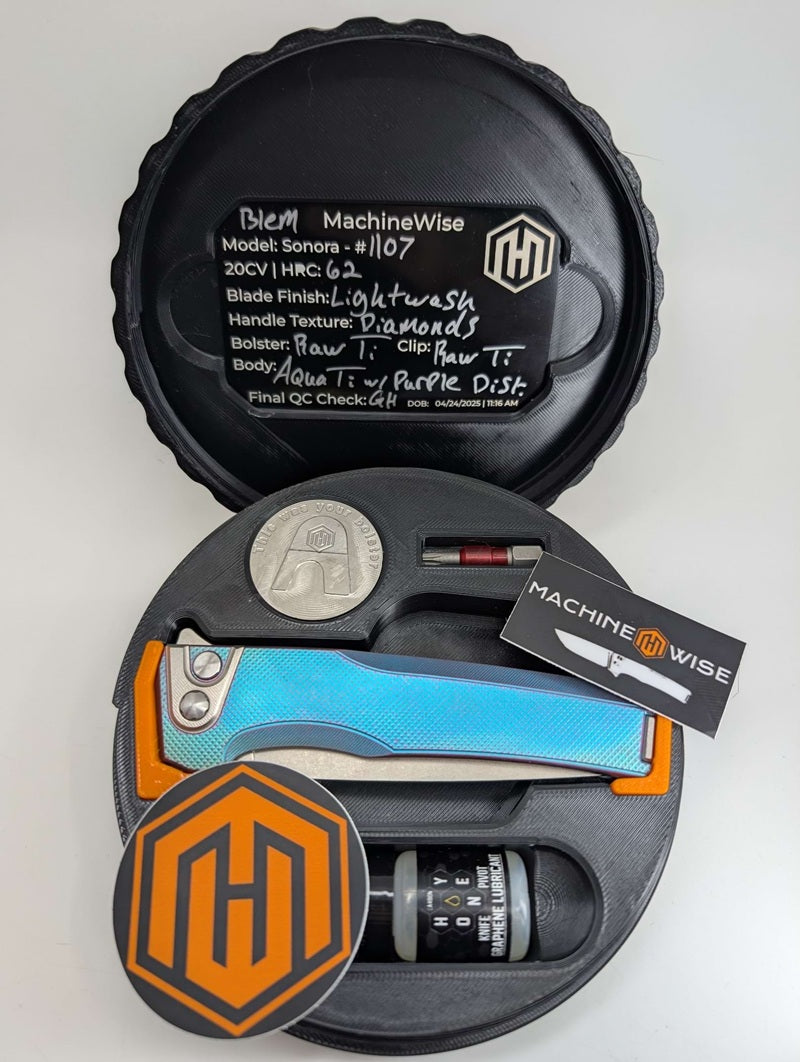 MachineWise Sonora Aqua to Purple Distressed CPM 20CV | Raw Ti Bolster | Diamonds Handle Buttonlock Folding Knife 1107 *BLEM*