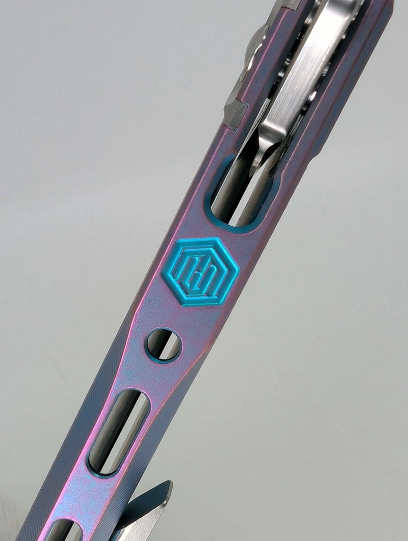 MachineWise Sonora Aqua to Purple Distressed CPM 20CV | Raw Ti Bolster | Diamonds Handle Buttonlock Folding Knife 1107 *BLEM*