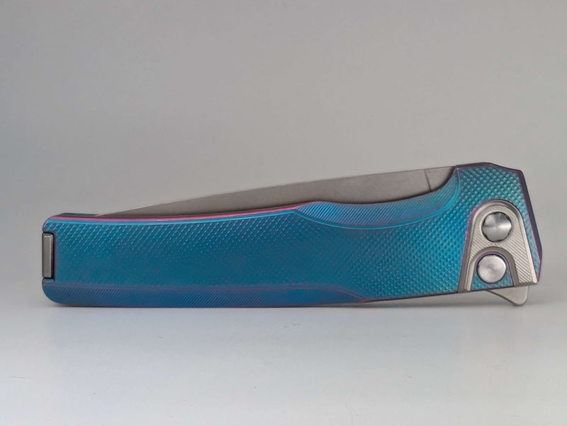 MachineWise Sonora Aqua to Purple Distressed CPM 20CV | Raw Ti Bolster | Diamonds Handle Buttonlock Folding Knife 1107 *BLEM*