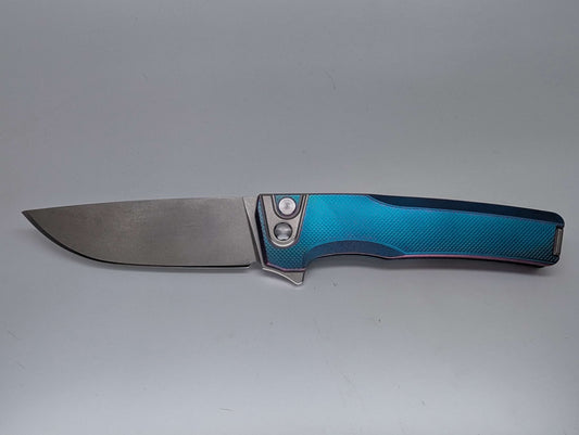 MachineWise Sonora Aqua to Purple Distressed CPM 20CV | Raw Ti Bolster | Diamonds Handle Buttonlock Folding Knife 1107 *BLEM*
