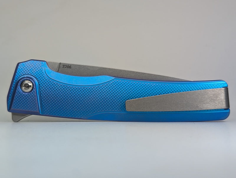 MachineWise Sonora Blue (S90V | Brass Bolster | Diamonds Handle) Button Lock Folding Knife #2206