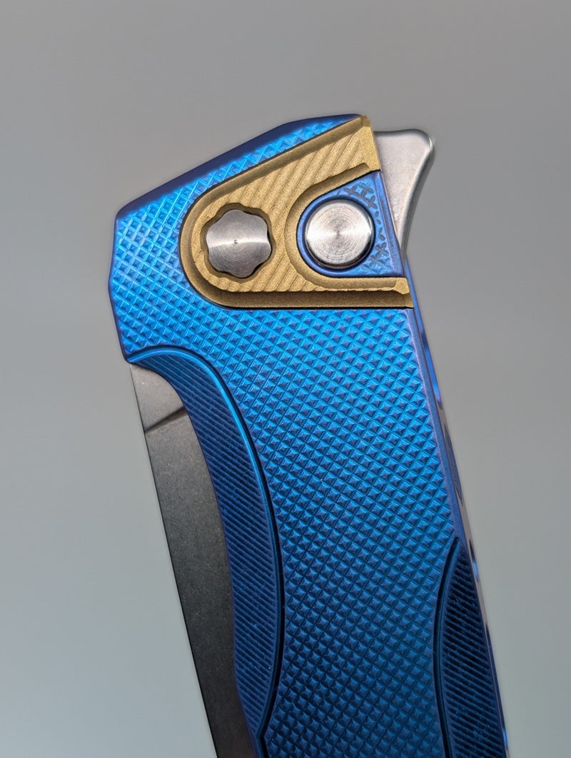 MachineWise Sonora Blue (S90V | Brass Bolster | Diamonds Handle) Button Lock Folding Knife #2206