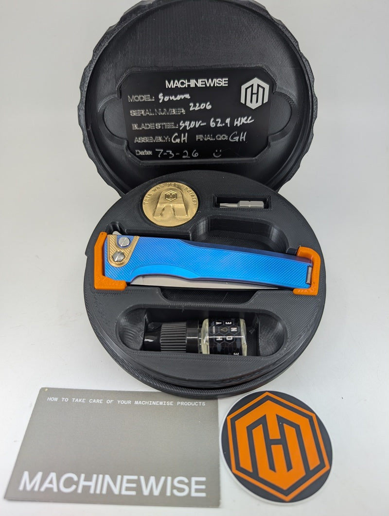 MachineWise Sonora Blue (S90V | Brass Bolster | Diamonds Handle) Button Lock Folding Knife #2206