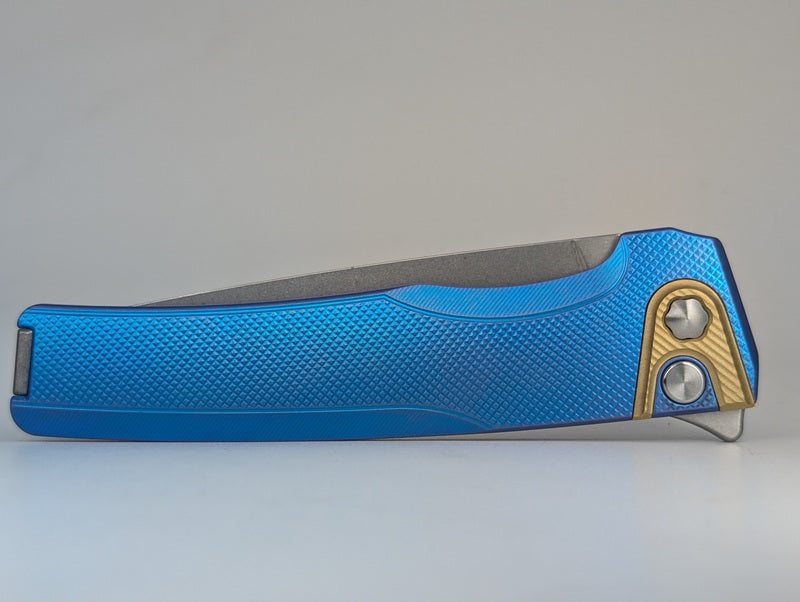 MachineWise Sonora Blue (S90V | Brass Bolster | Diamonds Handle) Button Lock Folding Knife #2206
