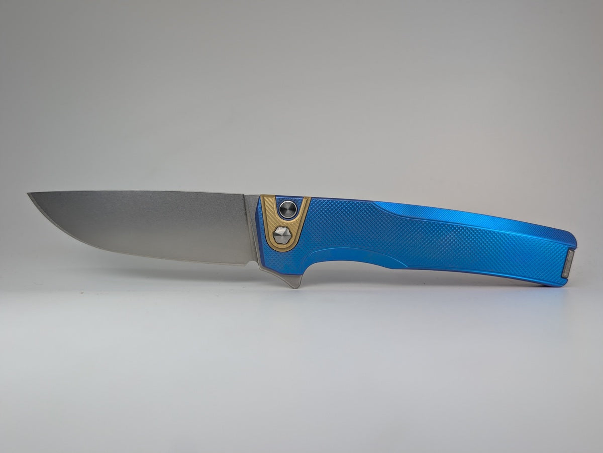 MachineWise Sonora Blue (S90V | Brass Bolster | Diamonds Handle) Button Lock Folding Knife #2206