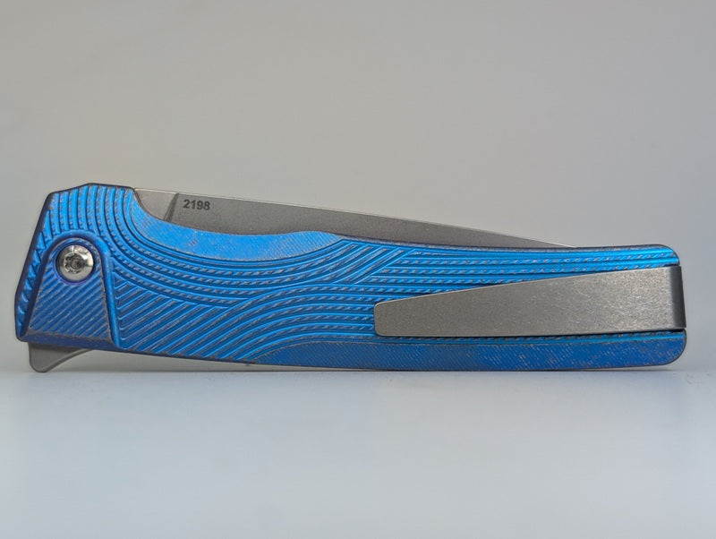 MachineWise Sonora Blue Distress (S90V | Brass Bolster | Streamline Handle) Button Lock Folding Knife #2198