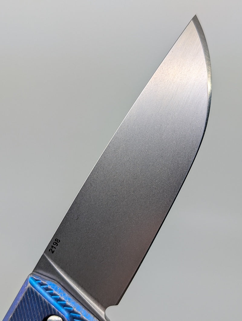 MachineWise Sonora Blue Distress (S90V | Brass Bolster | Streamline Handle) Button Lock Folding Knife #2198