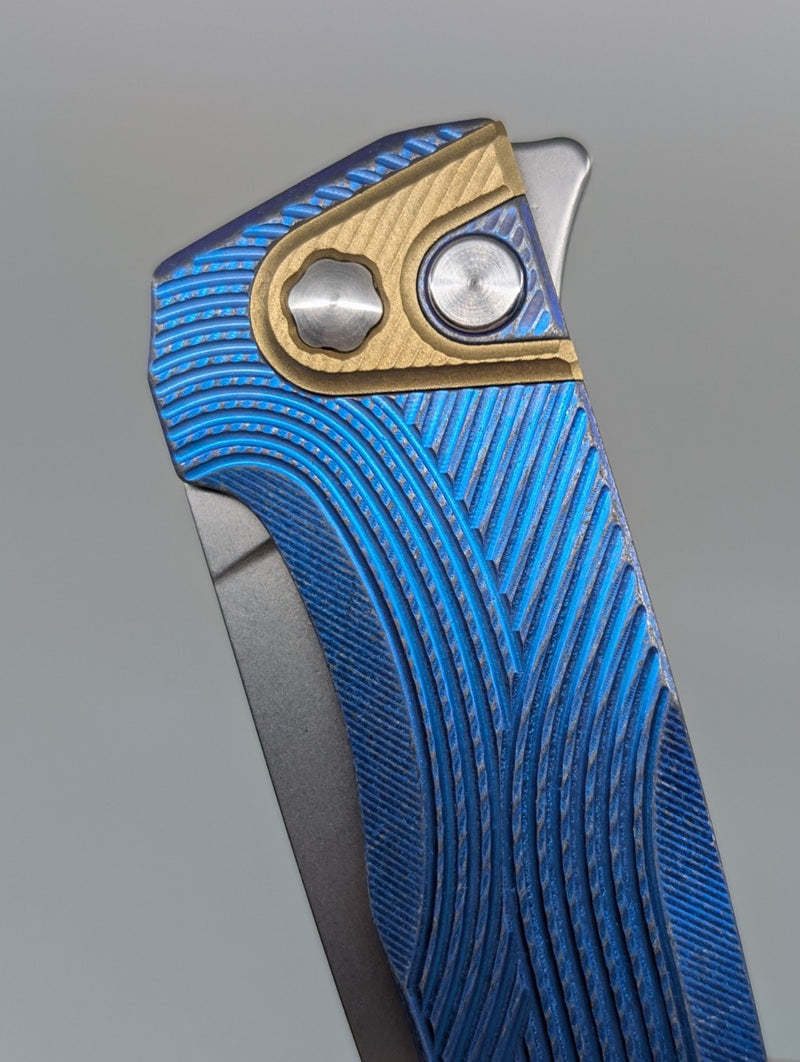 MachineWise Sonora Blue Distress (S90V | Brass Bolster | Streamline Handle) Button Lock Folding Knife #2198