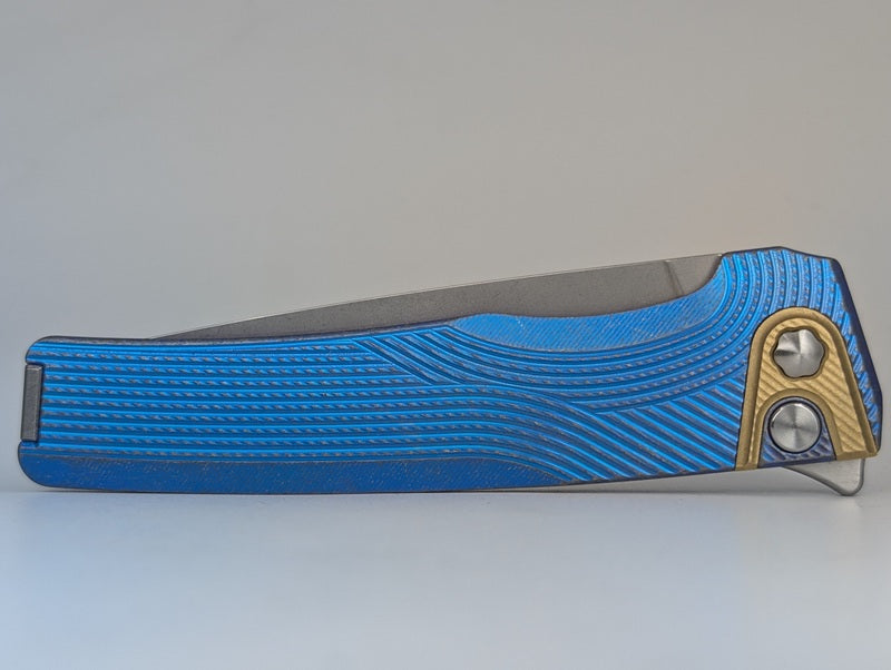 MachineWise Sonora Blue Distress (S90V | Brass Bolster | Streamline Handle) Button Lock Folding Knife #2198