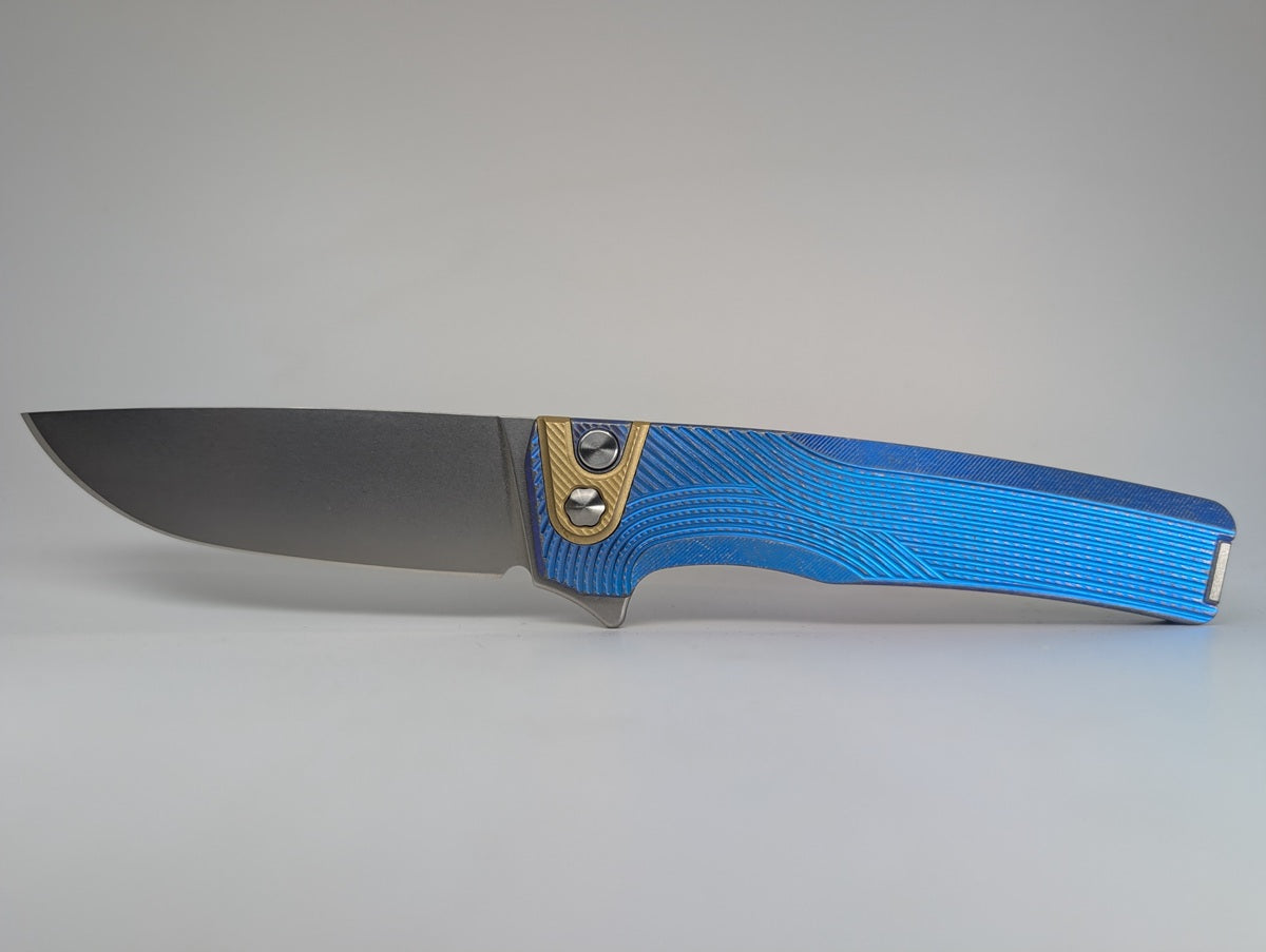 MachineWise Sonora Blue Distress (S90V | Brass Bolster | Streamline Handle) Button Lock Folding Knife #2198