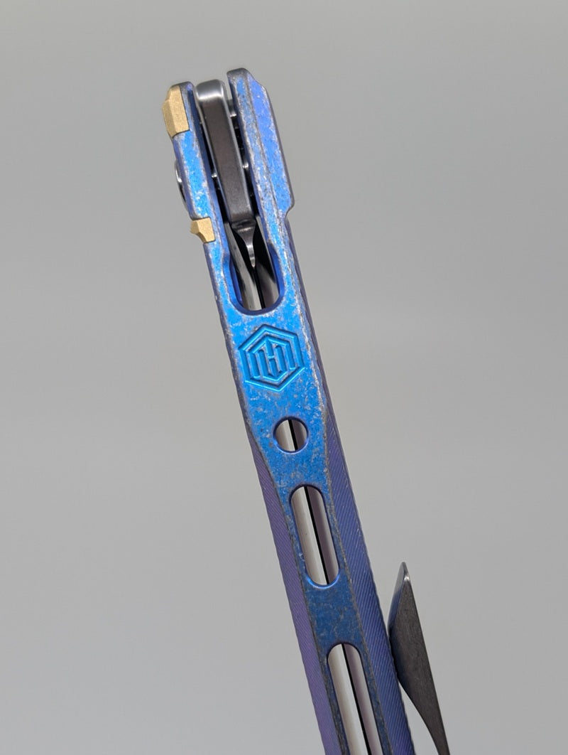 MachineWise Sonora Blue Distress (S90V | Brass Bolster | Streamline Handle) Button Lock Folding Knife #2198