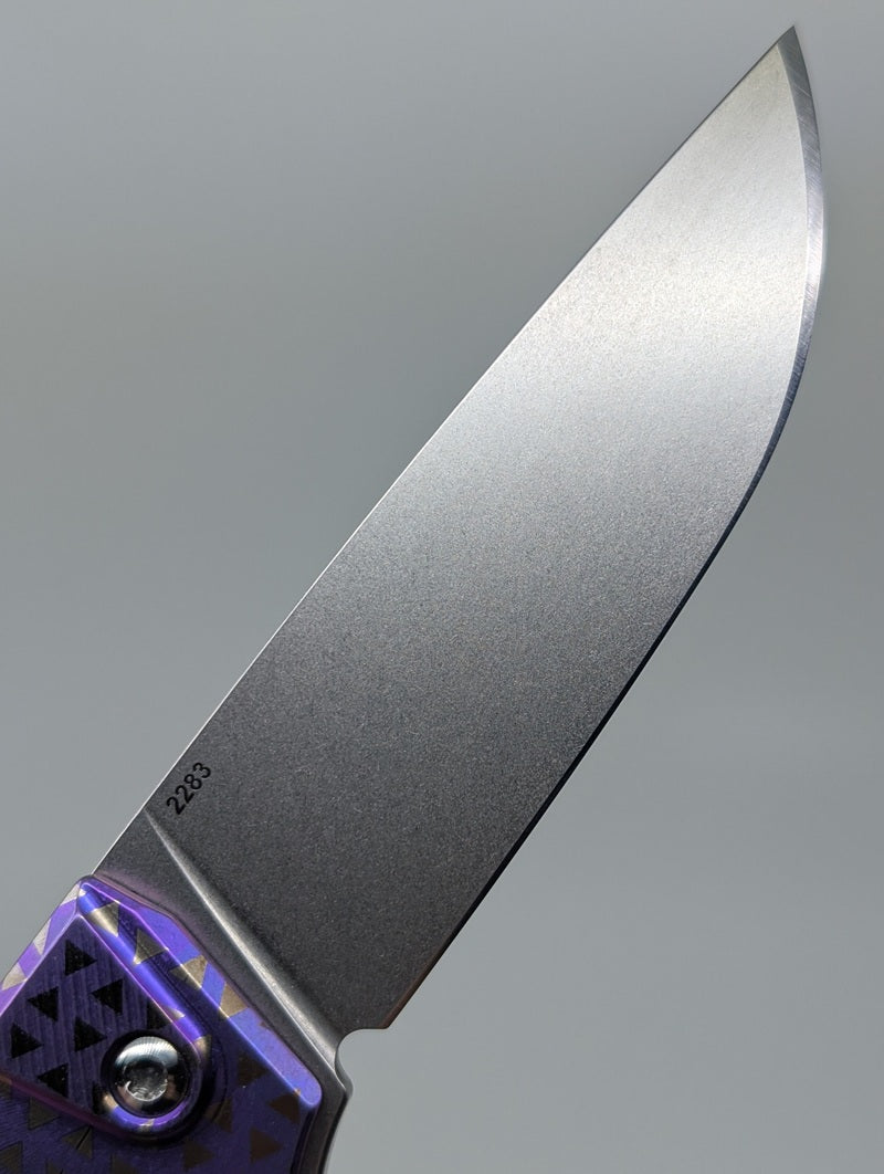 MachineWise Sonora Blue Purple Fade Triangles (S90V | Brass Bolster | Sun Ray Handle) Button Lock Folding Knife #2283 *BLEM*