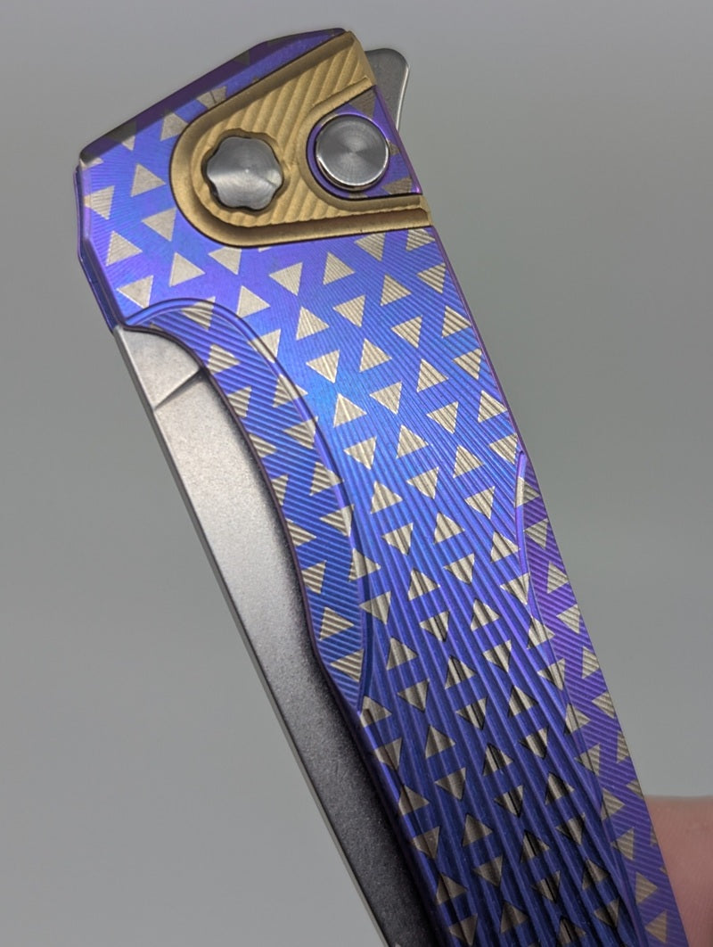 MachineWise Sonora Blue Purple Fade Triangles (S90V | Brass Bolster | Sun Ray Handle) Button Lock Folding Knife #2283 *BLEM*