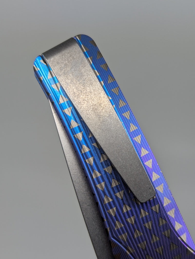MachineWise Sonora Blue Purple Fade Triangles (S90V | Brass Bolster | Sun Ray Handle) Button Lock Folding Knife #2283 *BLEM*