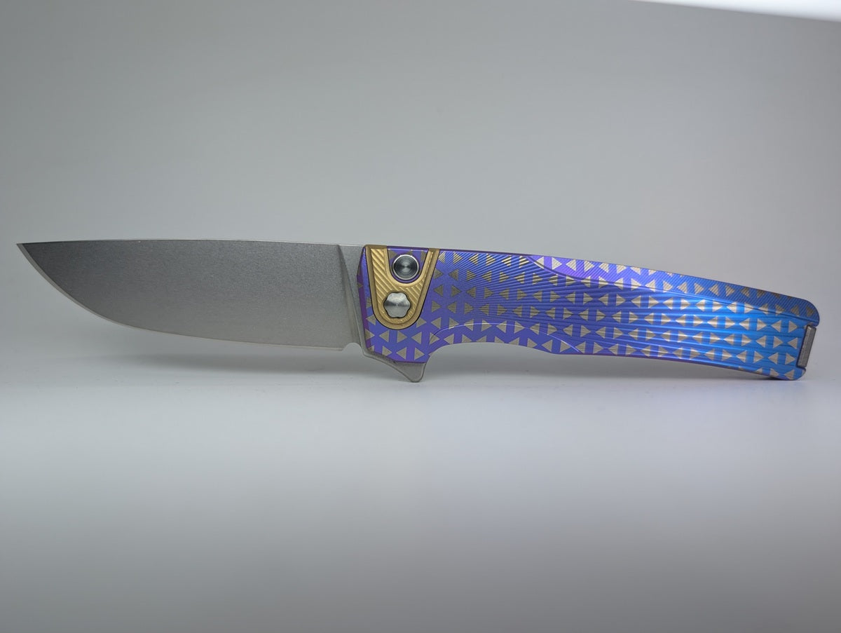 MachineWise Sonora Blue Purple Fade Triangles (S90V | Brass Bolster | Sun Ray Handle) Button Lock Folding Knife #2283 *BLEM*