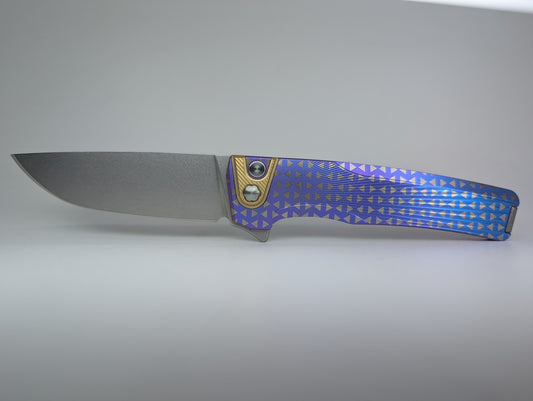 MachineWise Sonora Blue Purple Fade Triangles (S90V | Brass Bolster | Sun Ray Handle) Button Lock Folding Knife #2283 *BLEM*