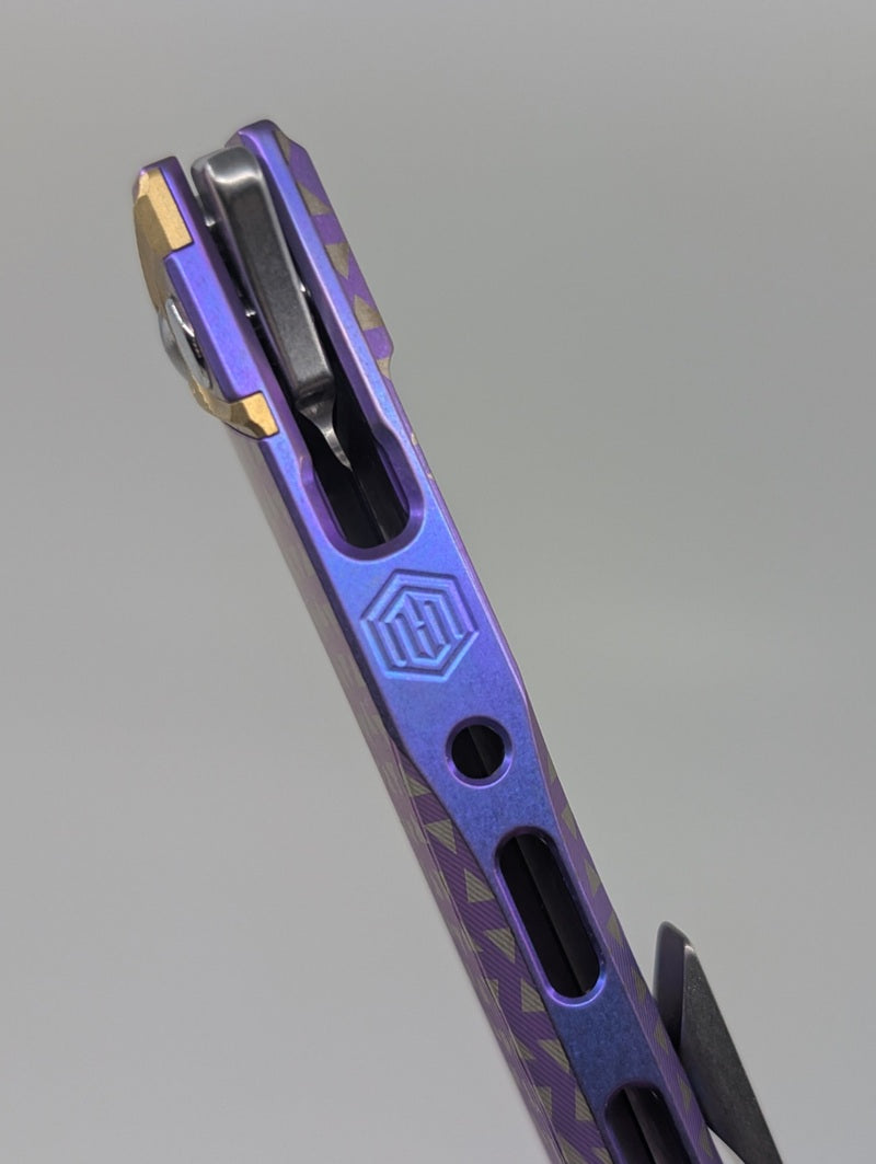 MachineWise Sonora Blue Purple Fade Triangles (S90V | Brass Bolster | Sun Ray Handle) Button Lock Folding Knife #2283 *BLEM*
