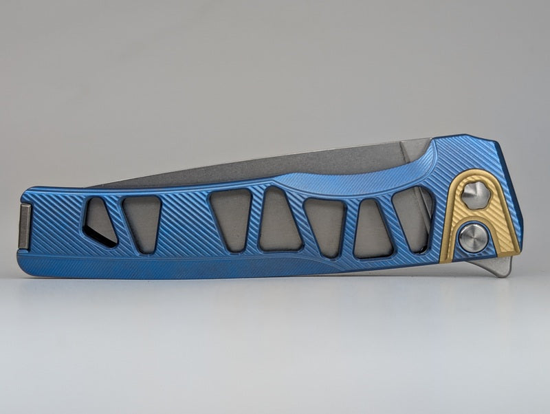 MachineWise Sonora Blue Skeleton Titanium (S90V | Brass Bolster) Button Lock Folding Knife #2104